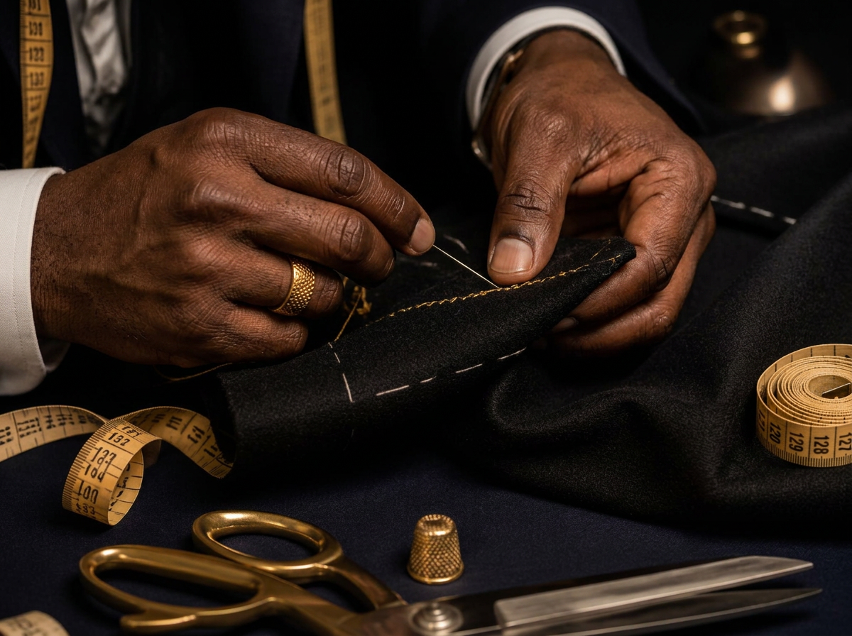Mains de tailleur cousant un tissu de laine noire à l'atelier